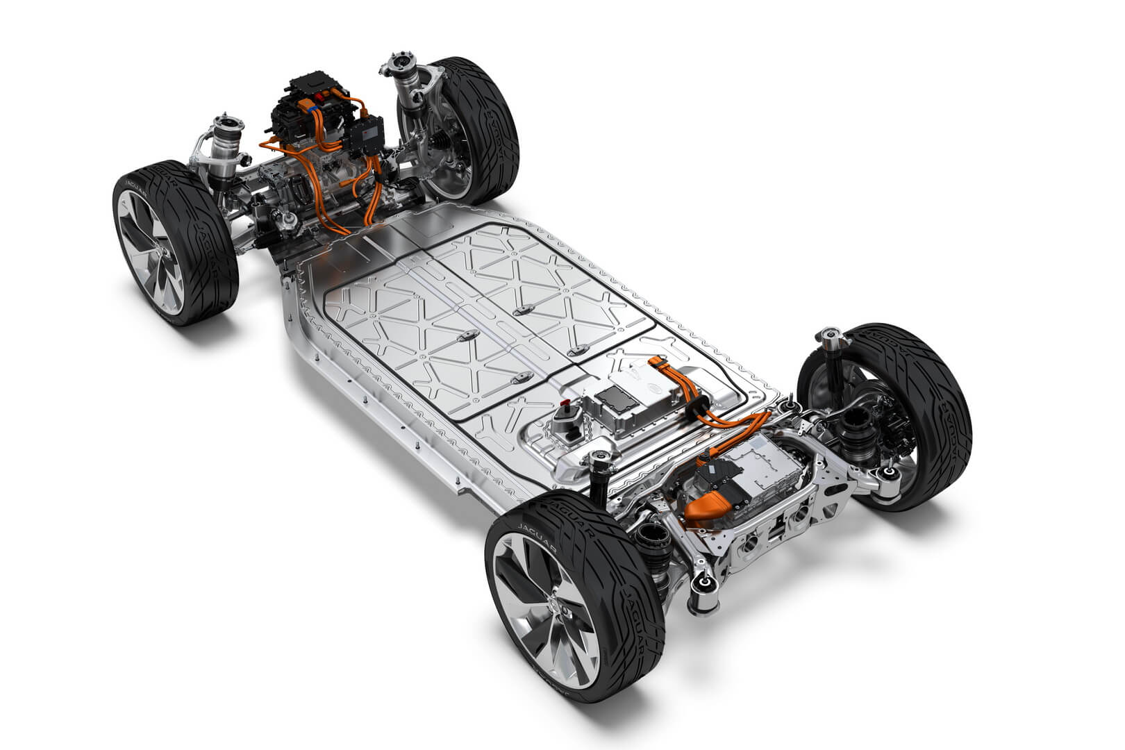 Схема электродвигателей и расположение батарей в Jaguar I-Pace