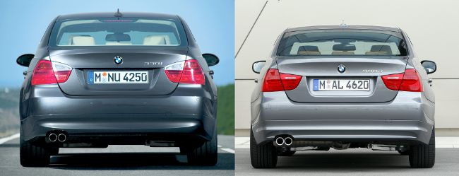 BMW E90 до и после рестайлинга - вид сзади
